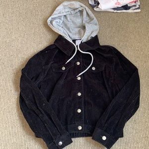 Corduroy jacket with detachable sweatshirt hood